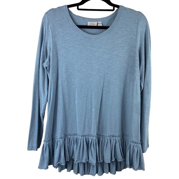 LOGO by Lori Goldstein Blue Cotton Slub Knit Long Sleeve Top Pleated Peplum Sz S - Picture 2 of 7